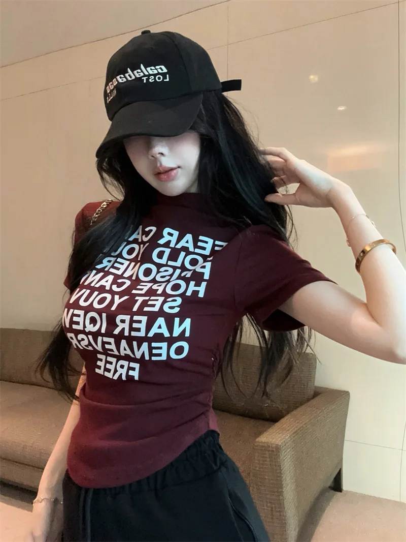 

American Style Retro Letter Print Slimming Short Sleeve T-Shirt Summer New Fashion Versatile Women's Top Korean Commute Style