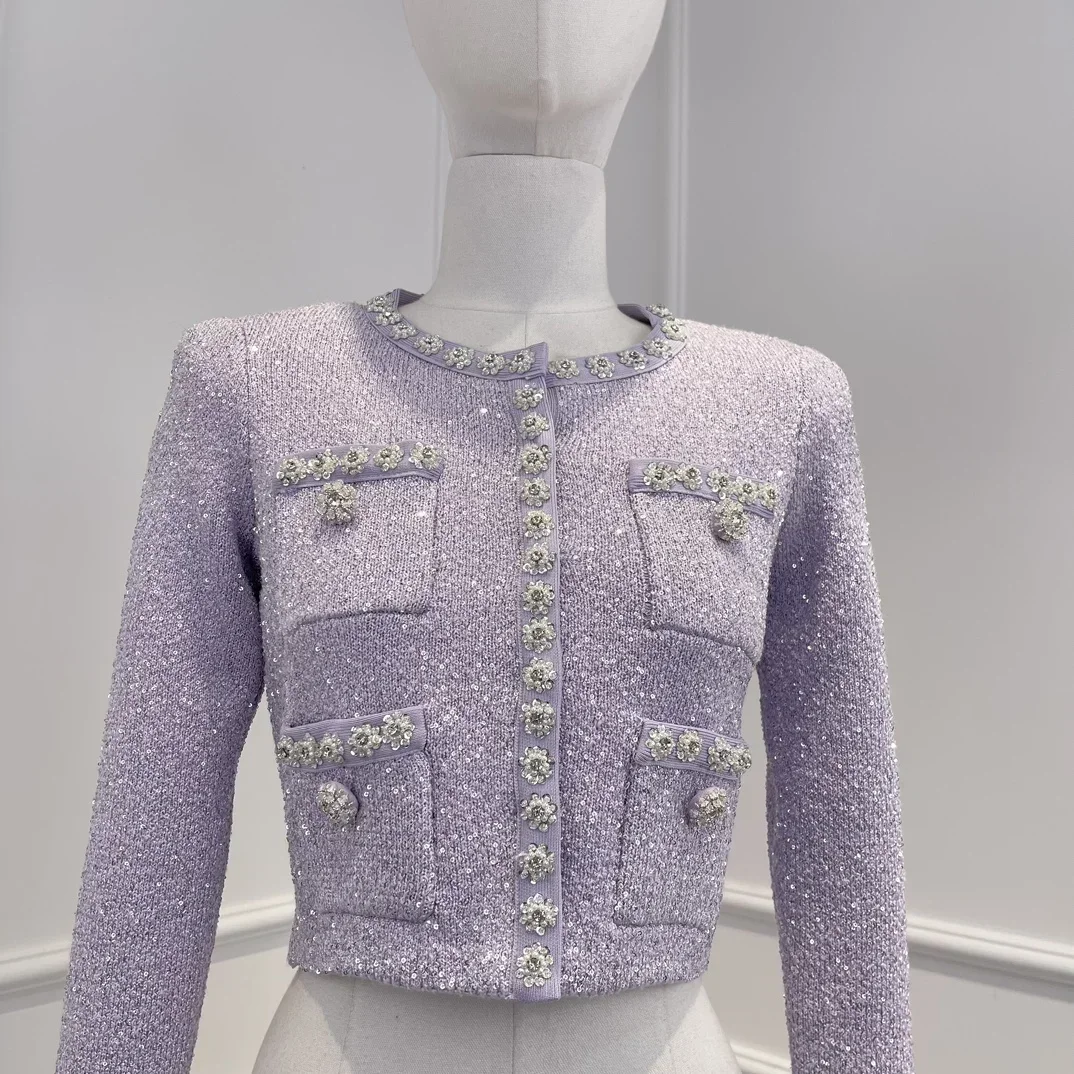 

Fashion Jacket and Mini Folds Sweet Skirt Woman Set 2024 Purple New Collection High Quality Elegant Sequins Pockets