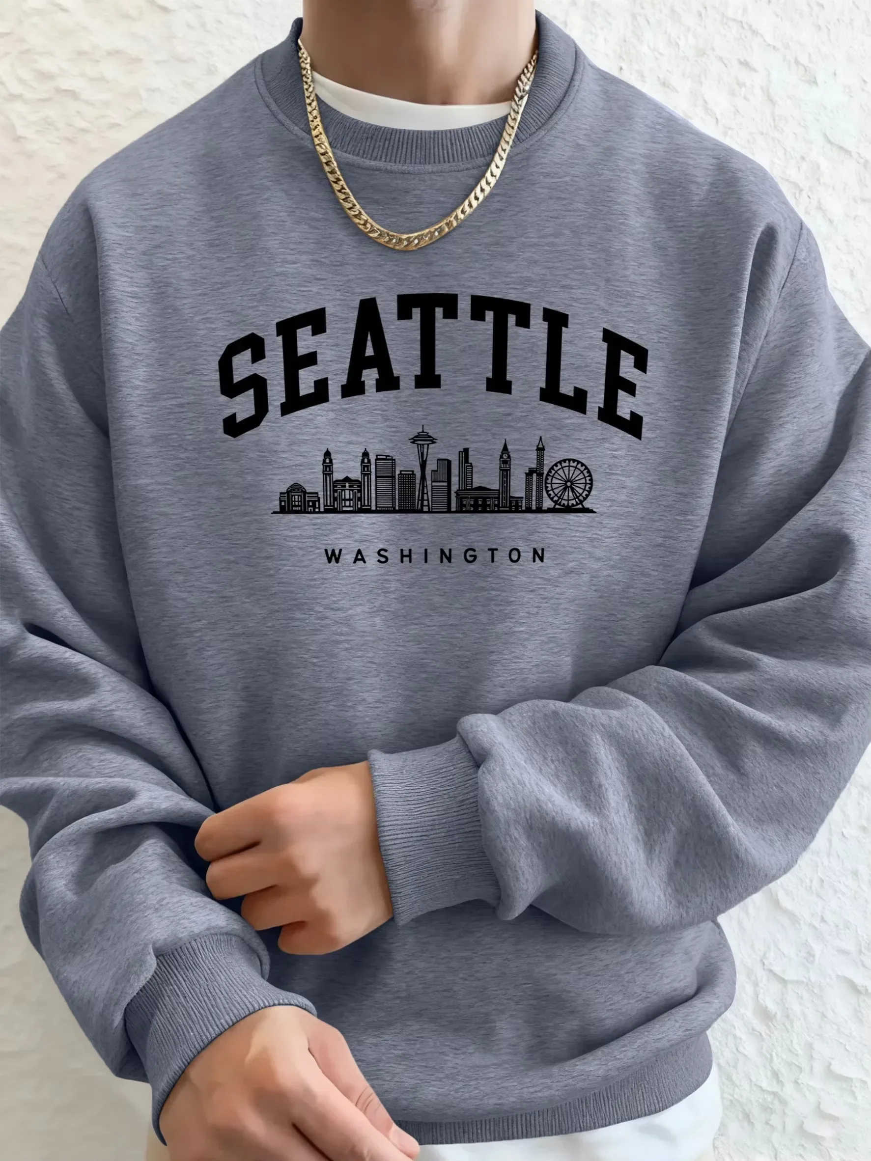 Men's Seattle Washington Creative Letter Print Pocket Fleece Warm Sweatshirt, Street Style All-Match Soft Comfort Sports Top