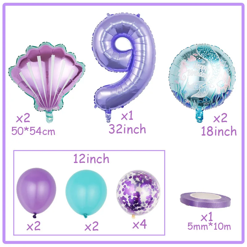 Zestaw balonów na imprezę syrenka fioletowy numer muszla balon foliowy dziewczyna mała syrenka dekoracje urodzinowe sprzyja powietrzu Globos Baby Shower — zdjęcie 6