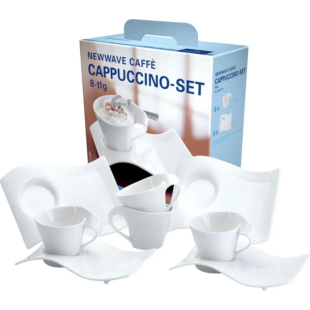Juego Café Puccino para 4 personas, 8 piezas, tazas de café Maorom Premium Porcelana, diseño contorneado en blanco, apto para lavavajillas