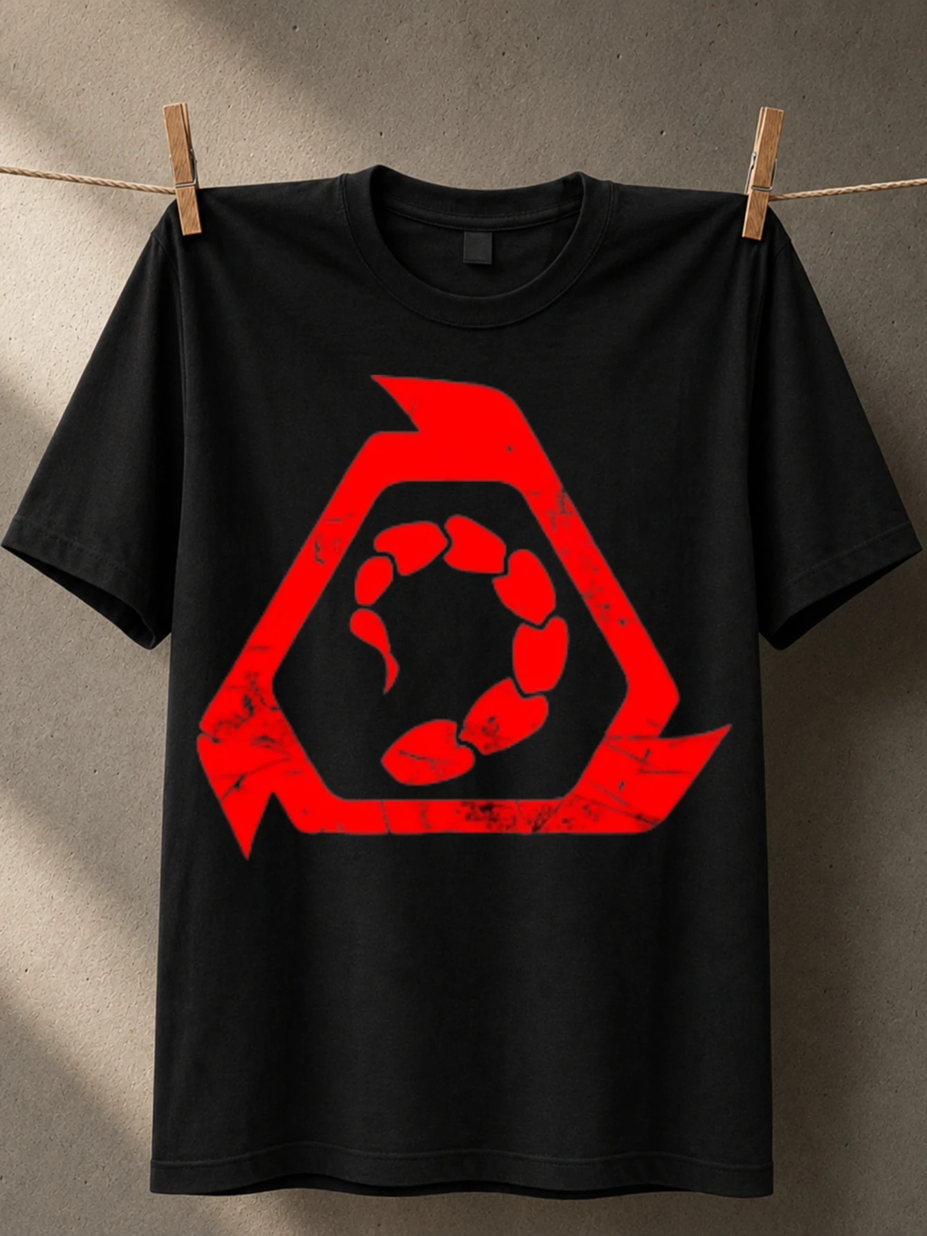Red Scorpion distressed triangular symbol with curled tail mark bold minimalist sci fi graphic  Unisex All T-Shirt