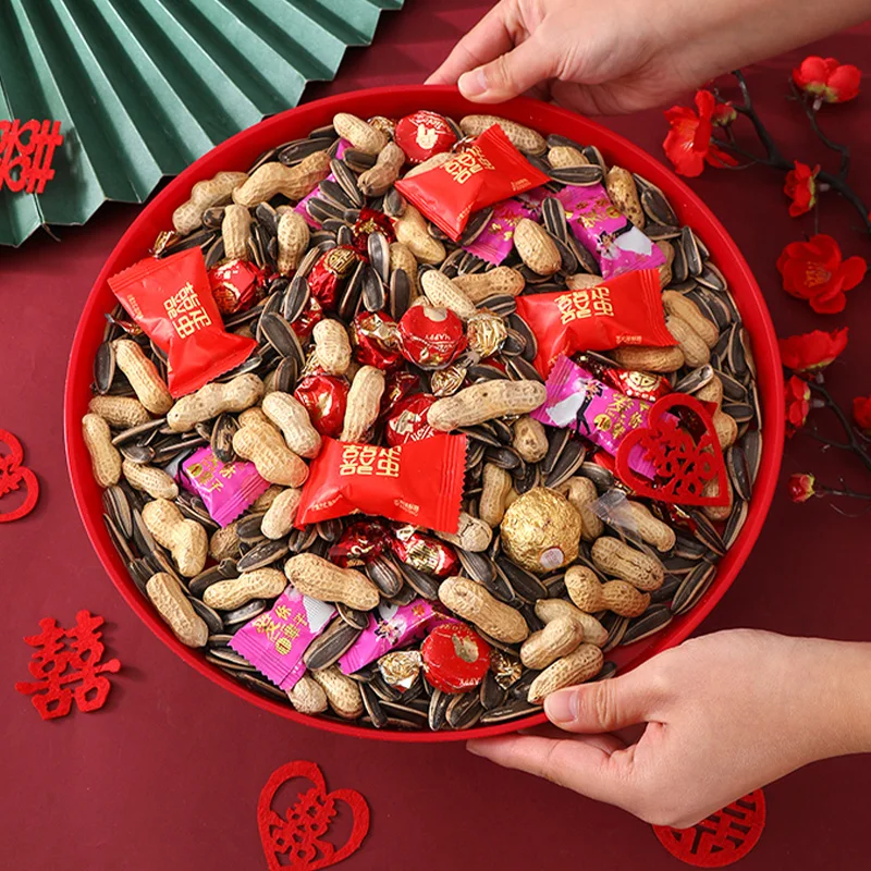 Bandeja china tradicional roja Xi, bandeja de plástico para té, cocina, almacenamiento de aperitivos de frutas, suministros festivos para banquetes