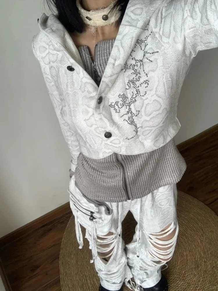 

American Retro Patchwork Knitted Hooded Sweatshirt Autumn Winter New Print Coat Women Y2k Long Sleeve White Jackets Mujer