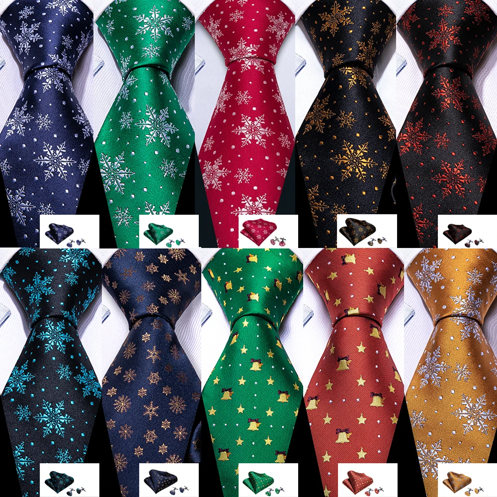 Christmas Silk Men Tie Handkerchief Cufflinks Handkerchief Set Red Blue Green Gold Snowflake Necktie Pocket Square Barry. Wang