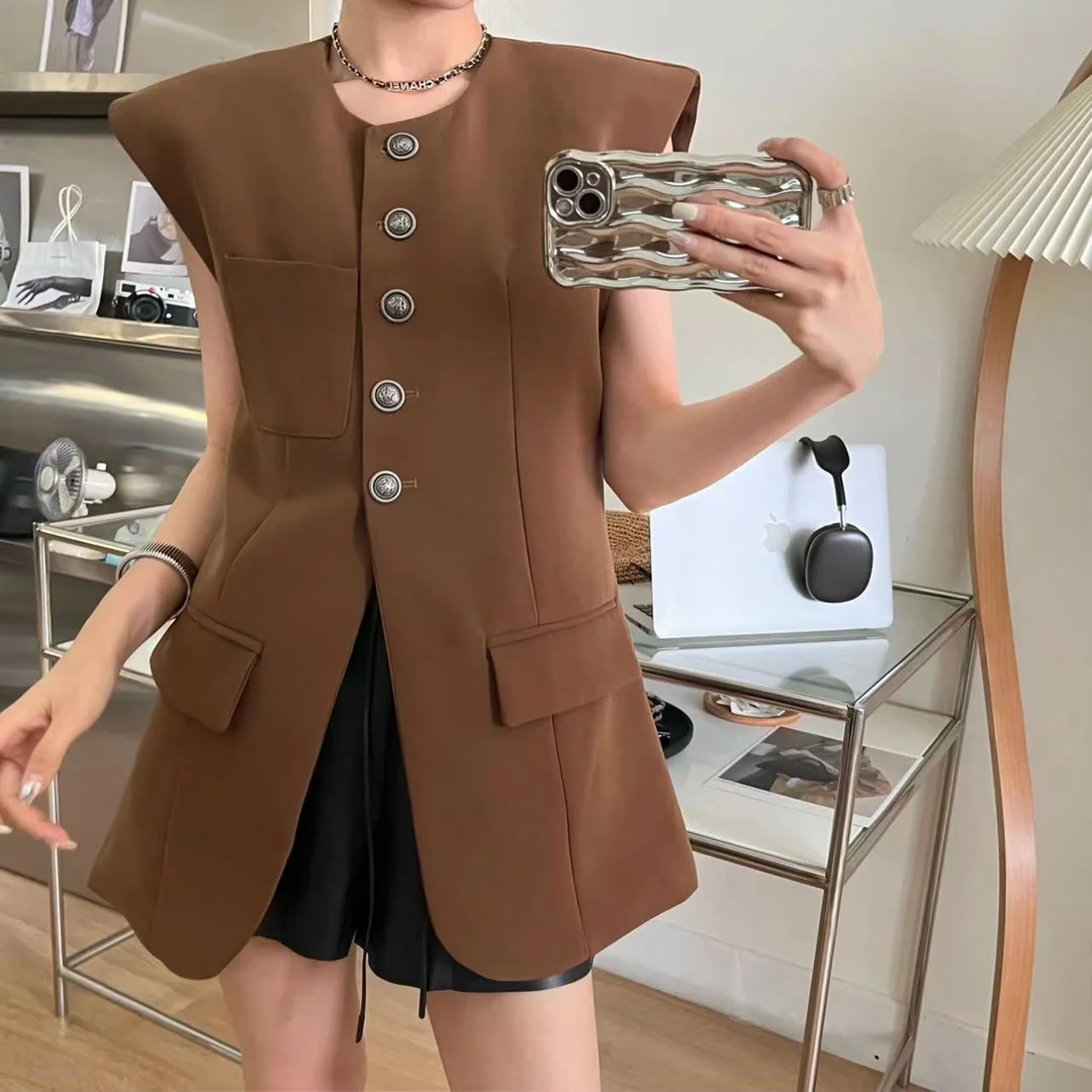 Korea Chic Fashion O Neck Blazer Vests Jacket Women Solid Slim Elegant Sleeveless All Match Tops Mujer 2024 New