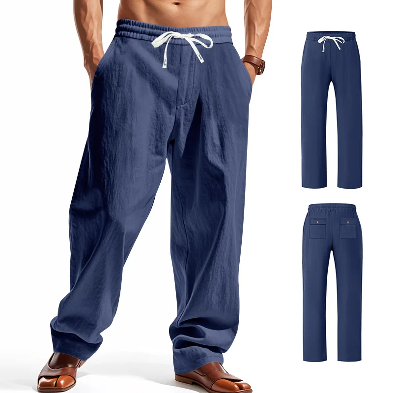 New European and American Style Men's Casual Pants Loose Linen Fabric Casual Wide-leg Trendy Beach Sports Breathable Long Pants