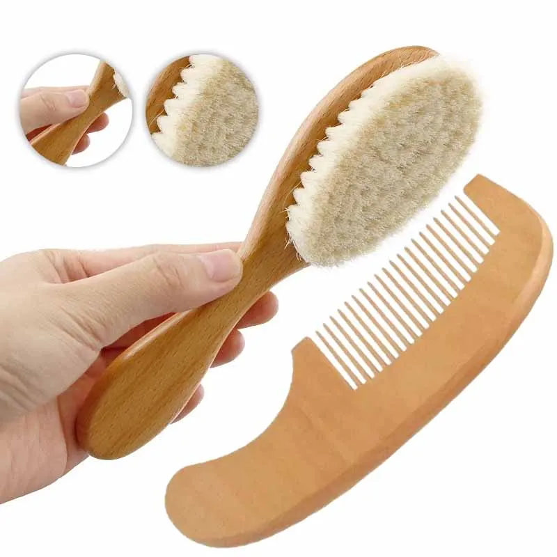 2pcs Baby Natural Wool Wooden Brush Comb Set Newborn Hairbrush Head Massager Bath Brush Kids Comb Birth Baptism Baby Shower Gift