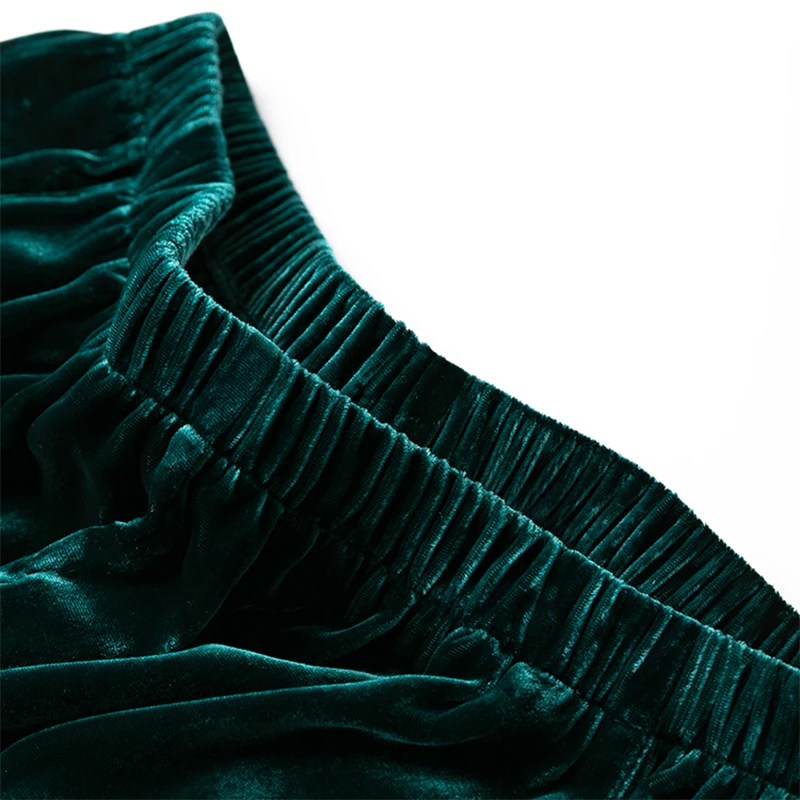 Women Velvet Silk Long Pants 100% Mulberry Silk Lining Dark Green Loose Type Wide Leg Pants Elegant Trousers Office Lady M1195