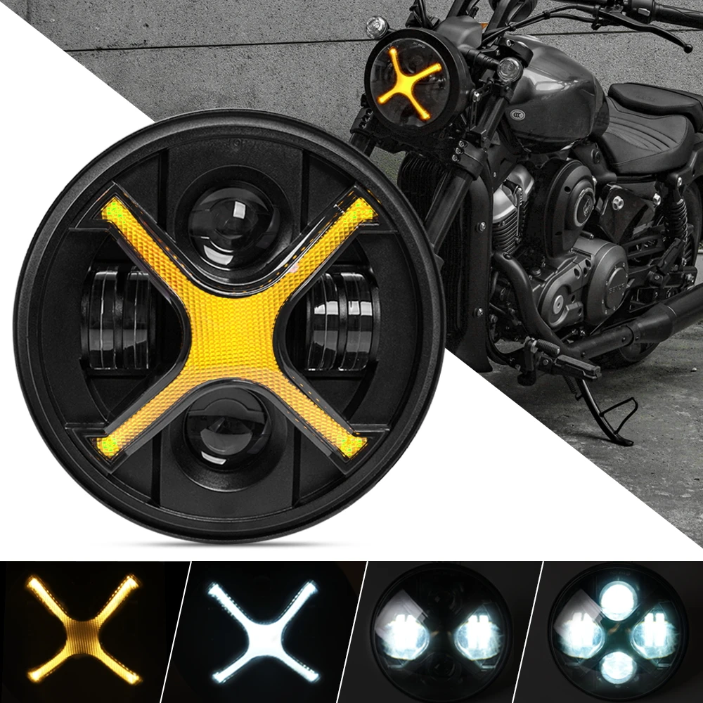 7 in Smoked X Style Motorcycle Headlight White/Amber DRL, Compatible with Street Glide,Softail Heritage,Road King,Electra Glide