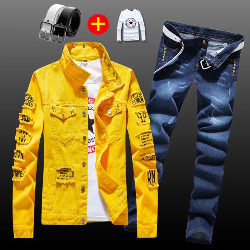 Mens Denim Jacket + Jeans Pants Spring Autumn Fashion Letters Printed Coat Trousers with Belt Free Send T-shirts 4pcs Suit