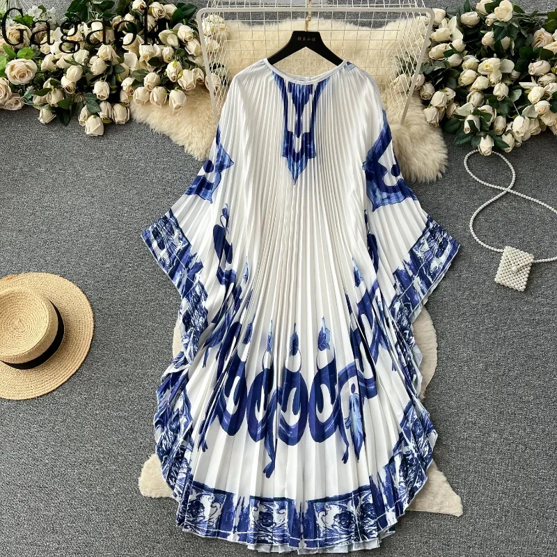 Gagaok Dresses European Retro Bat Sleeve Printed Dress Women Summer Loose Fitting and Slim Casual Elegant Vestidos