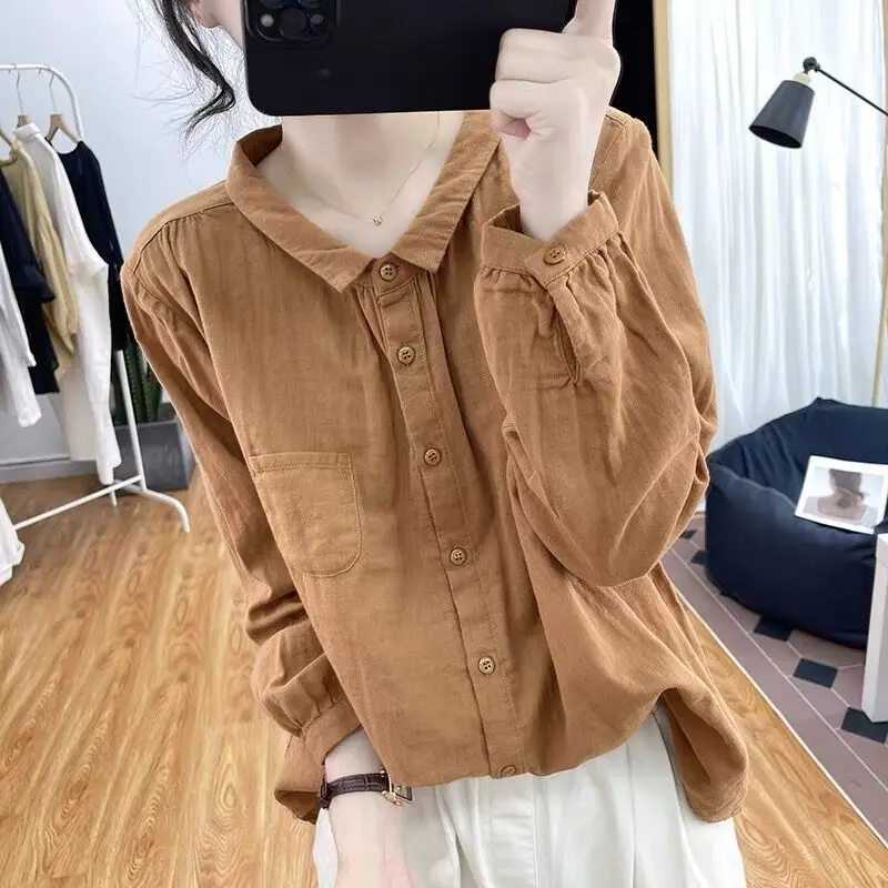 2023 Women\'s Clothing Long Sleeve Polo-Neck Solid Color Office Lady Commuter Spring Autumn Loose Vintage Button Pockets Shirt