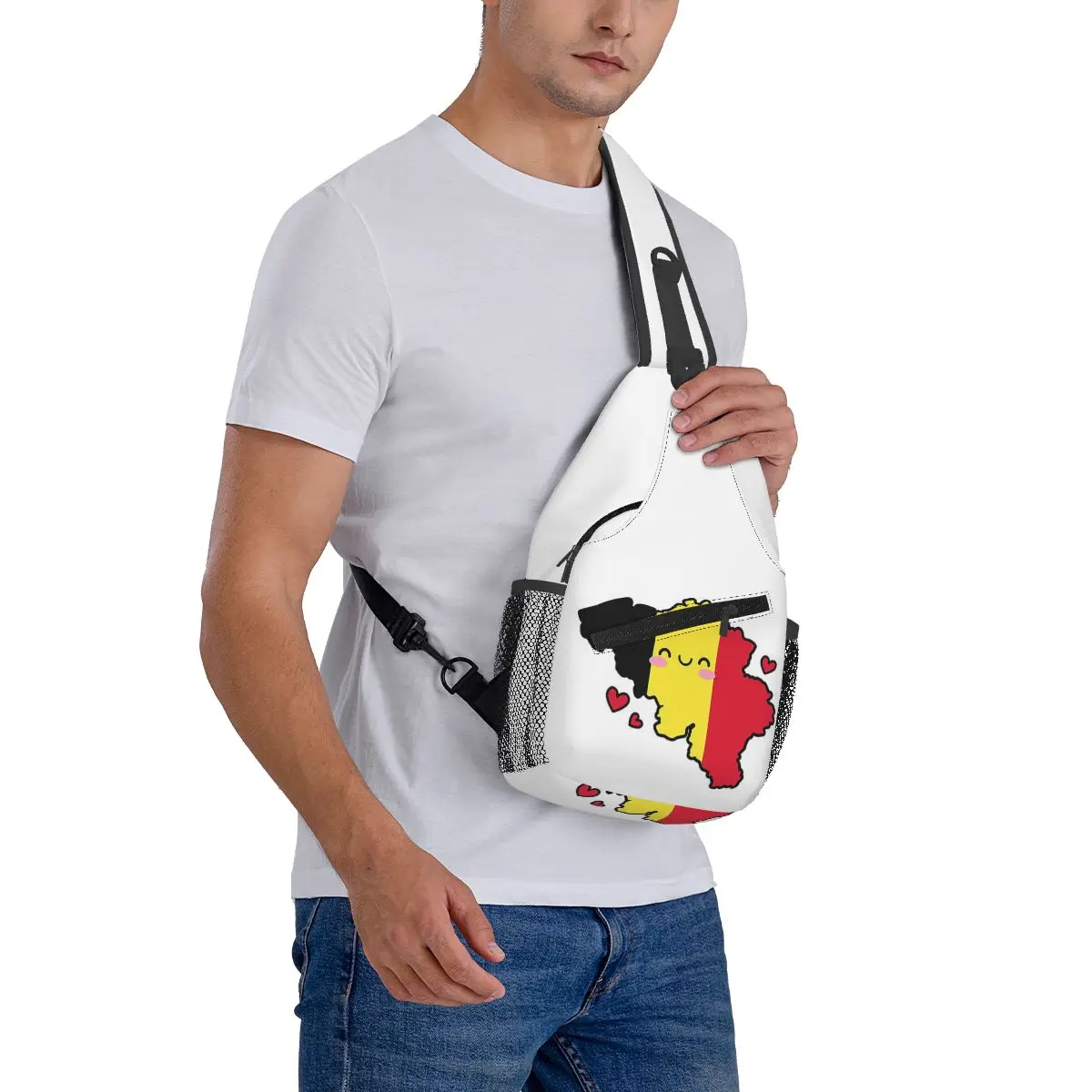 Belgien Flagge Karte Lächeln mit Liebe Brusttasche Männer Sling Umhängetasche Rucksack Brusttasche Reisen Wandern Tagesrucksack Umhängetasche