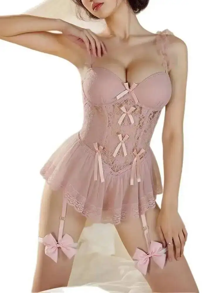 Dulce tamaño Adorable encaje transparente acolchado manga ajustada vestido Sexy estilo puro deseo sin espalda vestido sin mangas con escote en V profundo GHUD