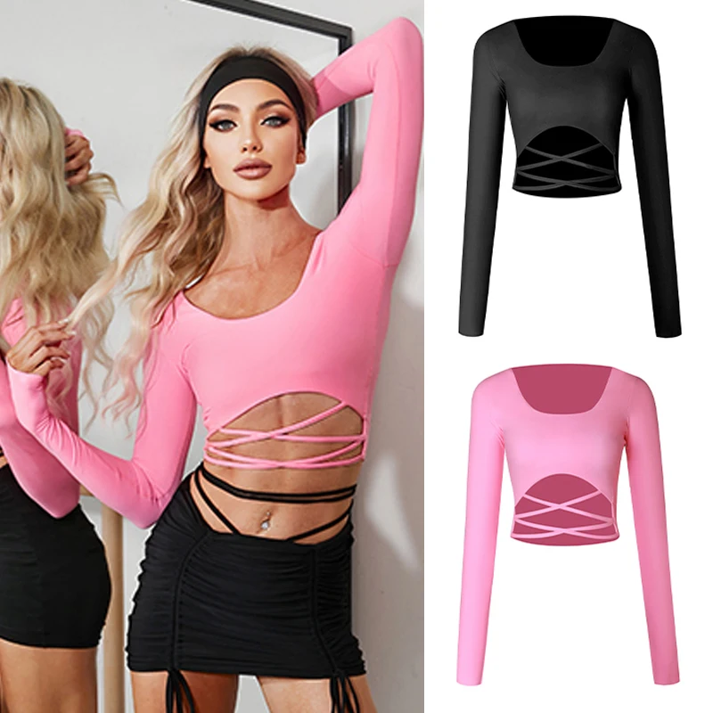 

Strappy Long Sleeves Latin Dance Tops Women Sexy Dance Clothes Cha Cha Rumba Samba Dance Practice Wear Pink Black Dress DNV16965