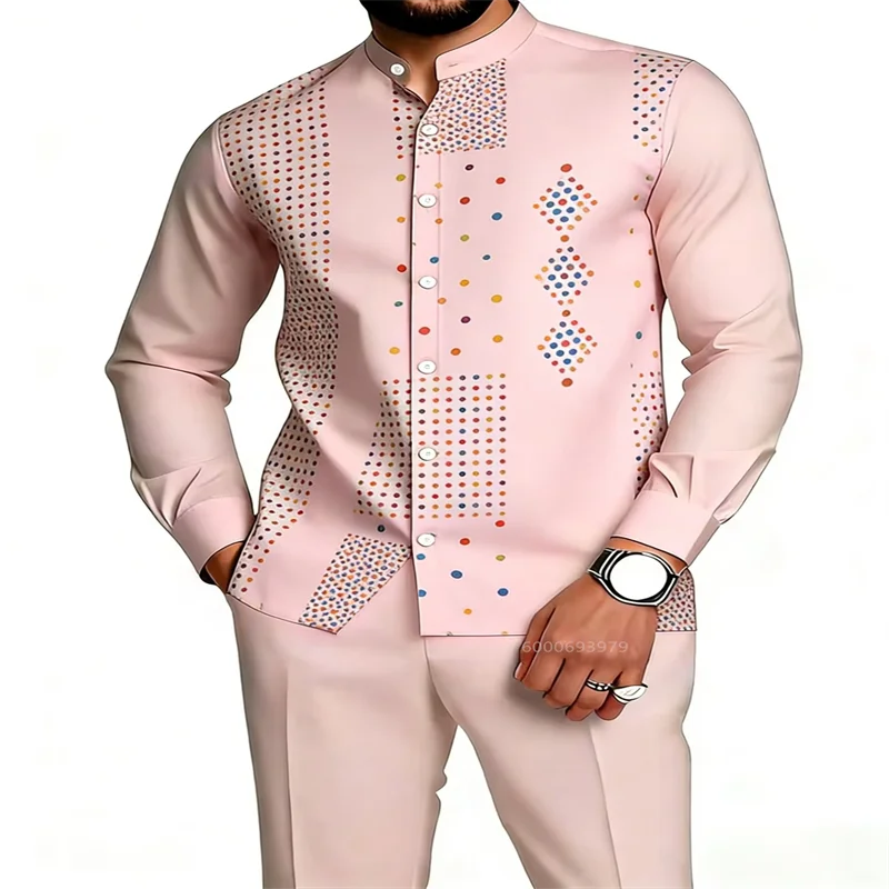 Men 2 Piece Outfit Set Black Gold Geometric Print Stand Collar Long Sleeve Shirt & Pants Fashion Party Formal Men Matching Suit