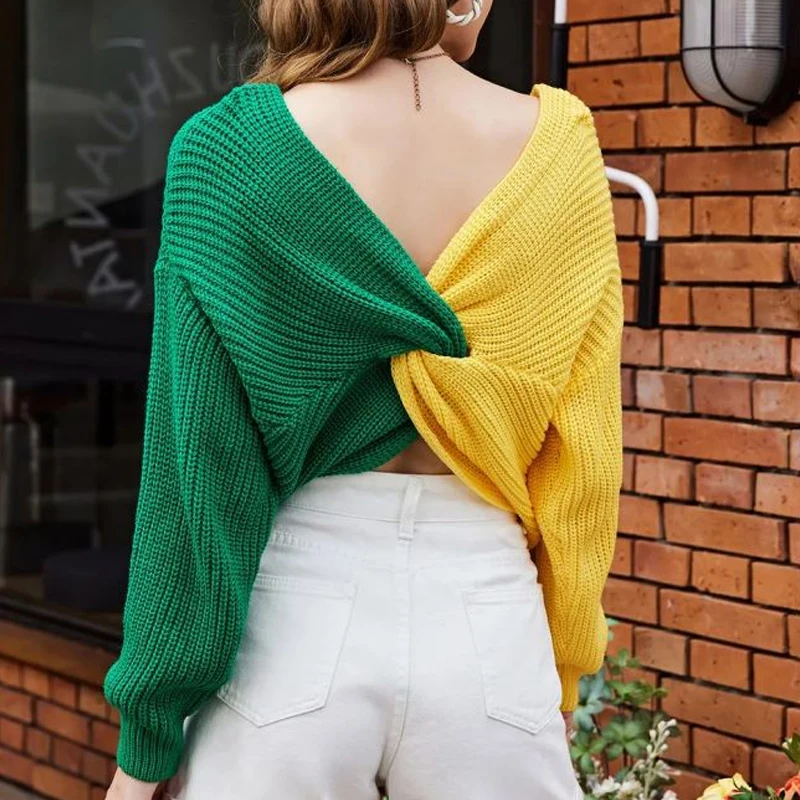 

Fashion Sexy Backless Pullover Knitted Sweater Women 2023 Multi-color Splice V-neck Casual Top Jumper Long Sleeve Sweaters 29412