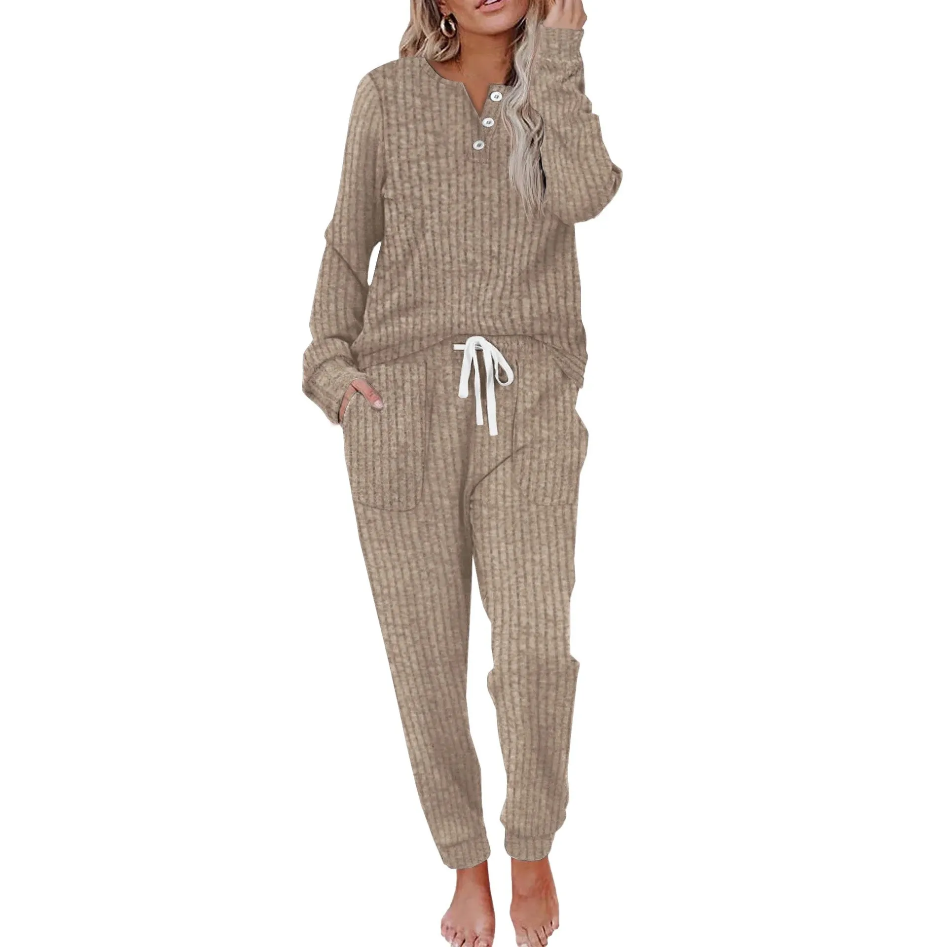 

Autumn Women's Clothing Korean Long Sleeve Pullover Set Pockets Drawstring Sweatshirt Pants Brushed Polyester