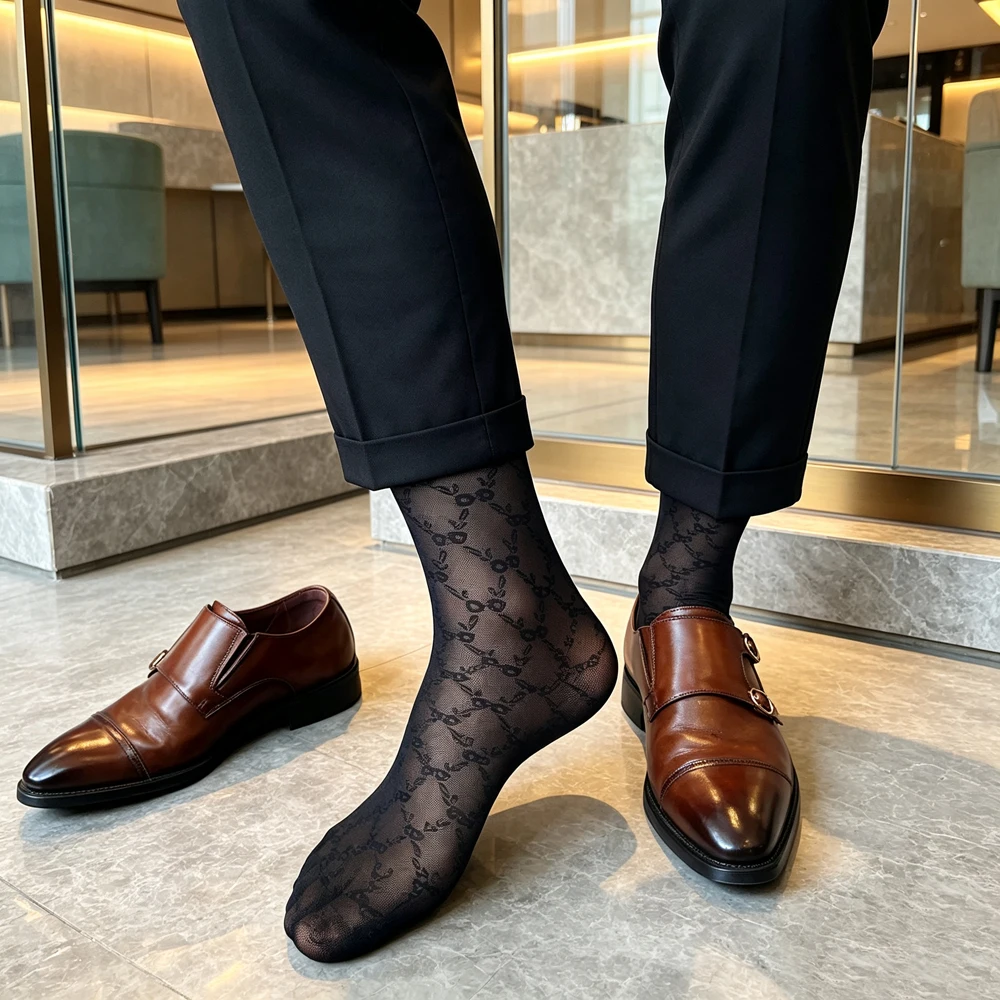 Men's Sheer Black Mesh Knee High Socks with Geometric Pattern Transparent Long Tube for Formal Business Party Dress Suit