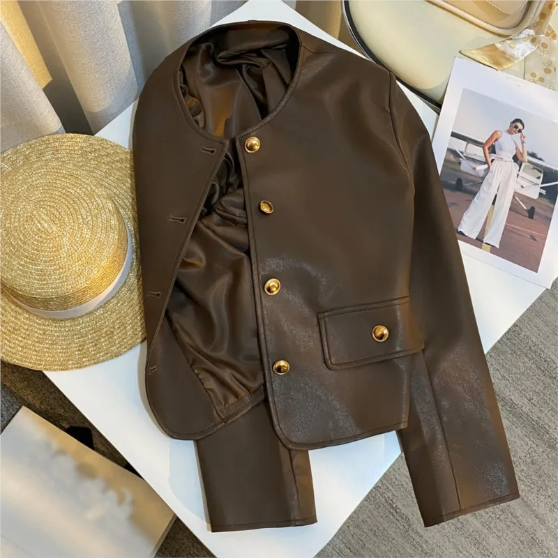 

Vintage coffee color leather coat 2024 autumn new female fashion top