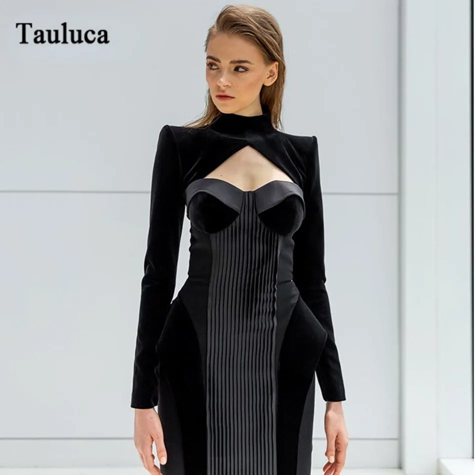 Nova mulher de veludo sem costas vestido preto sexy alta pescoço oco manga longa bodycon vestido midi celebridade noite vestido de festa preto