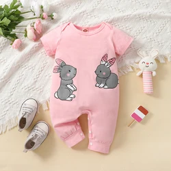 Baby girl fashion casual cute rabbit fun printed pink short sleeved round neck jumpsuit