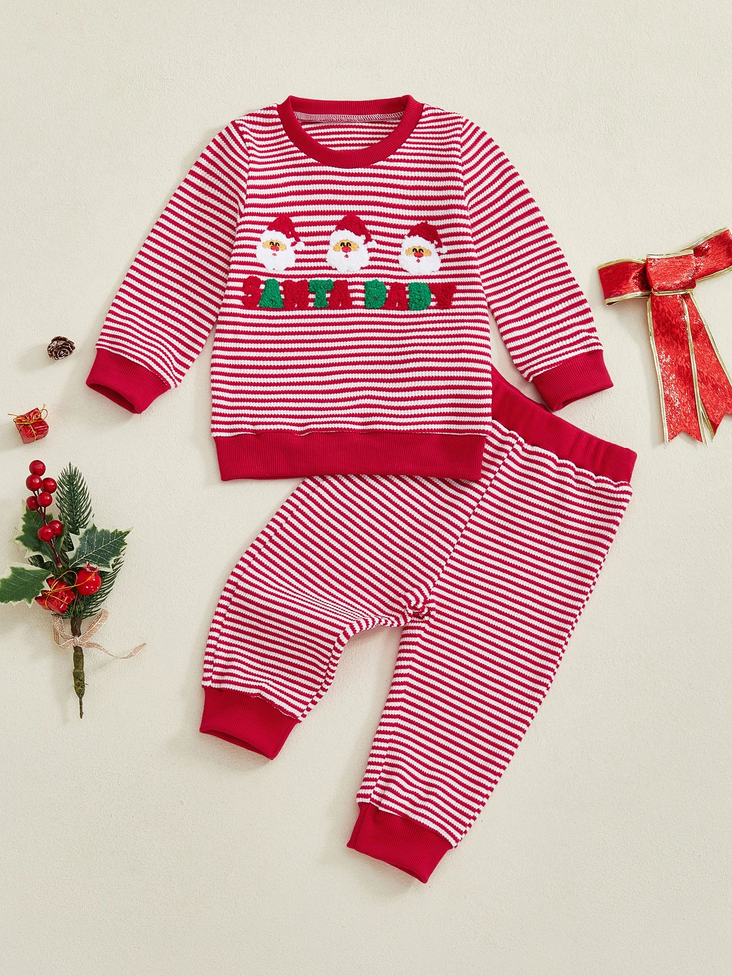 

Boys Christmas 2Pcs Outfits Long Sleeve Crew Neck Santa Claus Elk Embroidery Striped Tops and Pants Sets for Holiday