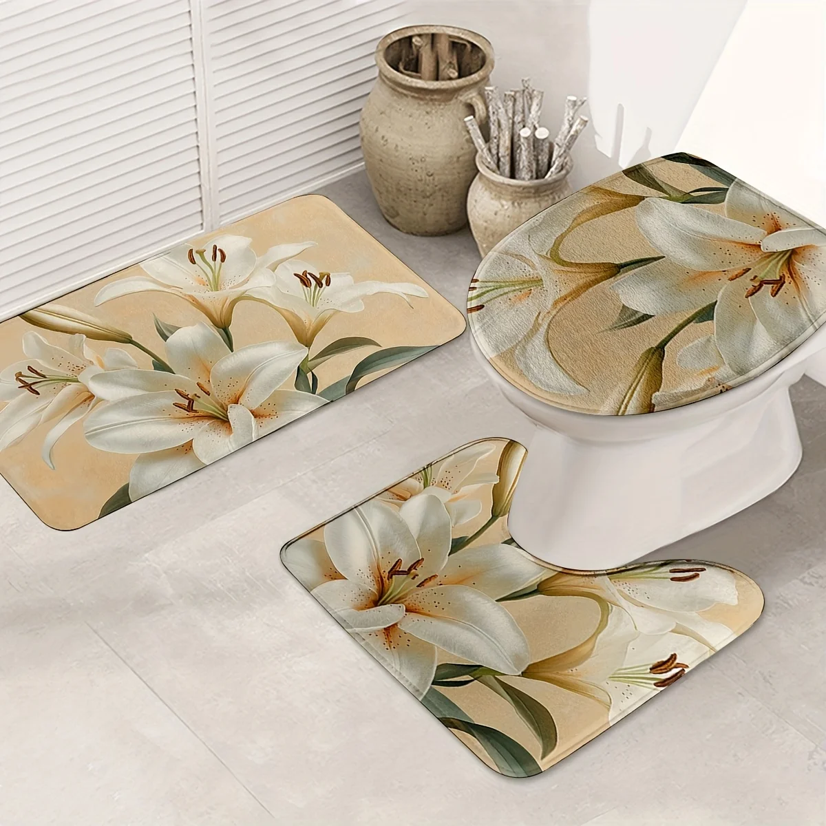 

Элегантный принт лилии, 3 предмета, U-образный коврик, нескользящий коврик, коврик для сиденья унитаза для украшения ванной комнаты
