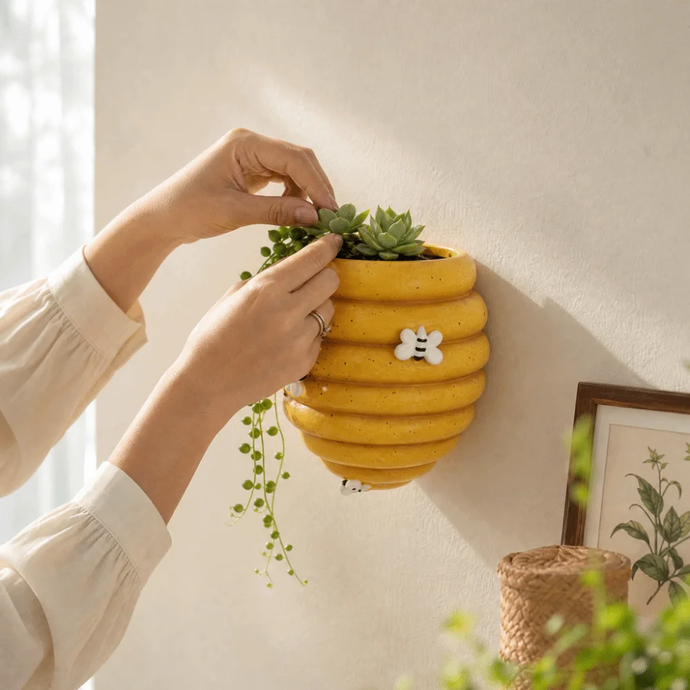 Creative Bee Embellishment Honeycomb Flower Pot Cartoon Resin Wall Mounted Flower Pot Rustic Decorative Flower Pot Terrace