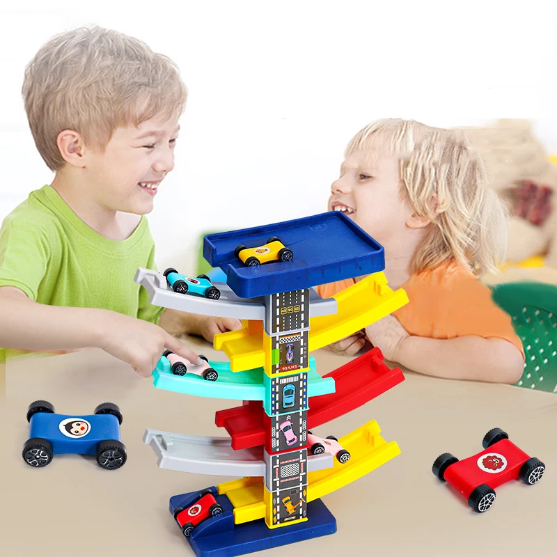 Children Track Gliding Inertia Car Ramp Toy Cartoon Puzzle Slide Car Kids Racing Car Toys Vehicle Playset for 2-4 Years Boy Girl