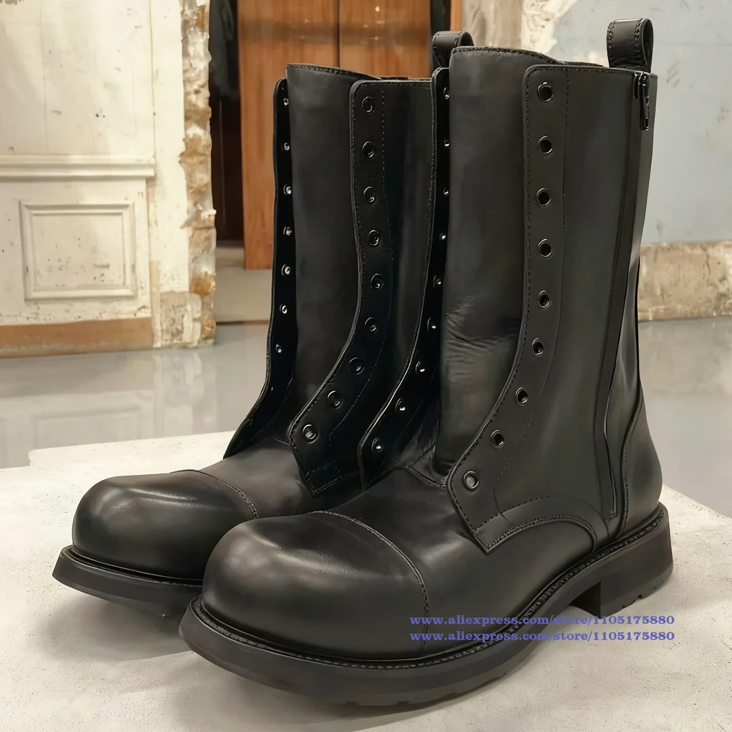 Thick-Soled Motorcycle Men's Boots Black Leather Round Toe Booties Luxury Designer Trendy Men's Boots New In Botas Mujer