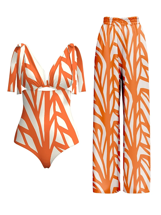 2024 geometrischer Druck einteiliger Badeanzug und Strand hose Mode zweiteiligen Badeanzug elegante Bikini Badeanzug Frauen Beach wear
