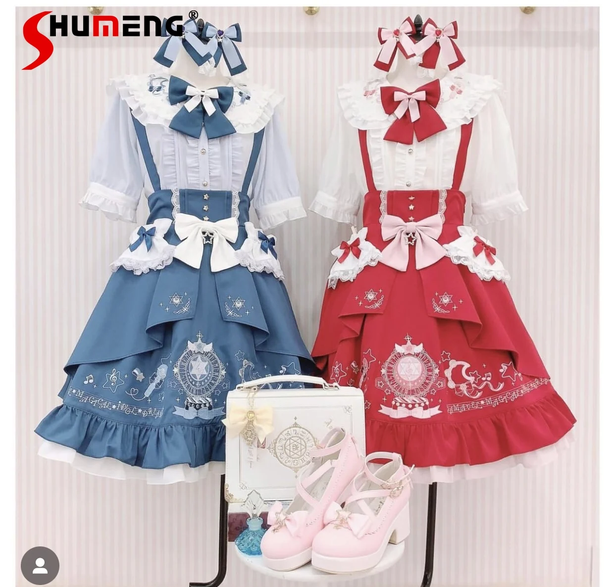 

Japanese Style Sweet Lolita Girl Heavey Industry Embroidery Bow Irregular Ruffled High Waist A-line Suspender Skirt for Women