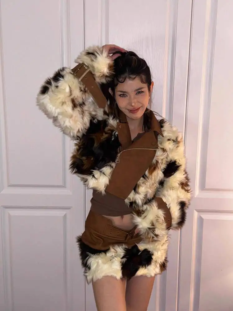 

Women Jacket Skirts Two Piece Set 2025 Winter Brown Short Jacket Cow Print Jacket Women's Faux Fur Leather Two Piece Set