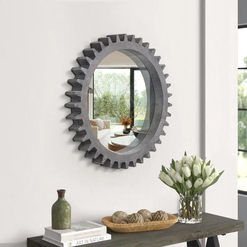 

Vintage 17x17 Wood Round Hanging Gear Shape Mirror Patchwork Design with Large Mirrors for Art Walls, Sold Individually,