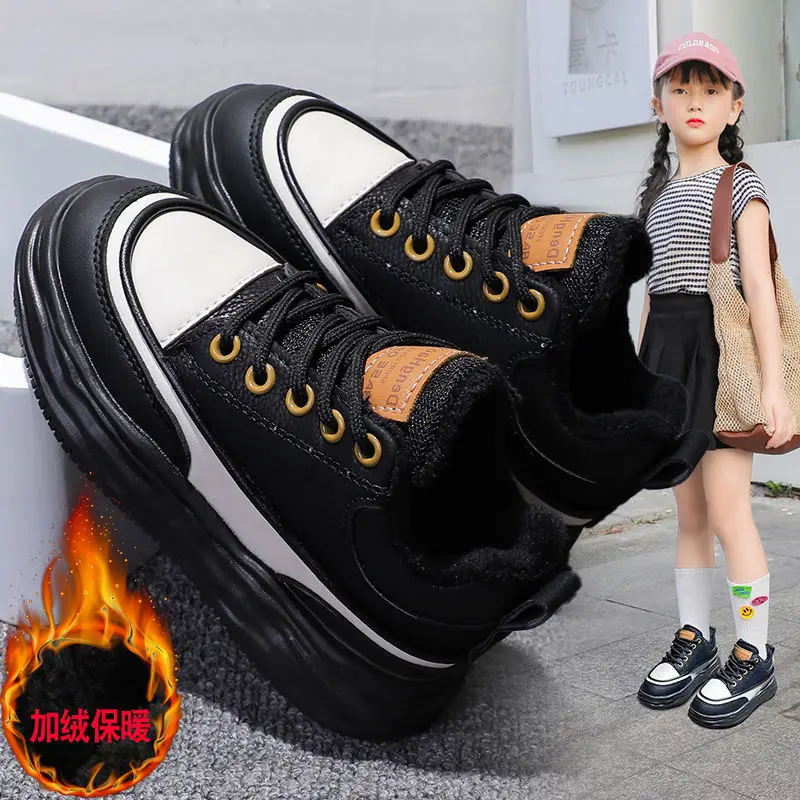 Girls' Autumn and Winter Cashmere Warm Soft Sole Non-slip Boy High Top Thick Sole Casual Children's Cotton Sports Shoes