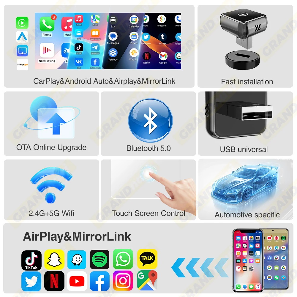 4-in-1 Dongle Kabelloser Carplay-Adapter USB Plug & Play WiFi Bluetooth für iPhone Carplay Airplay Android Auto Mirrorlink Verbindung – Detail 4