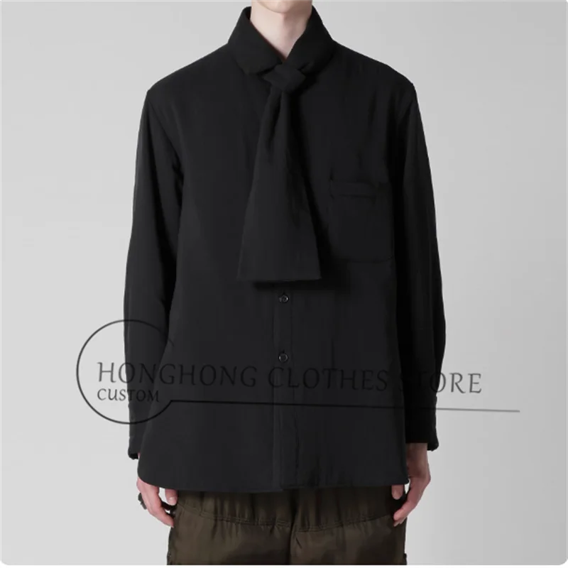 Original design tie design shirt, high-quality black single-breasted long-sleeved shirt for men