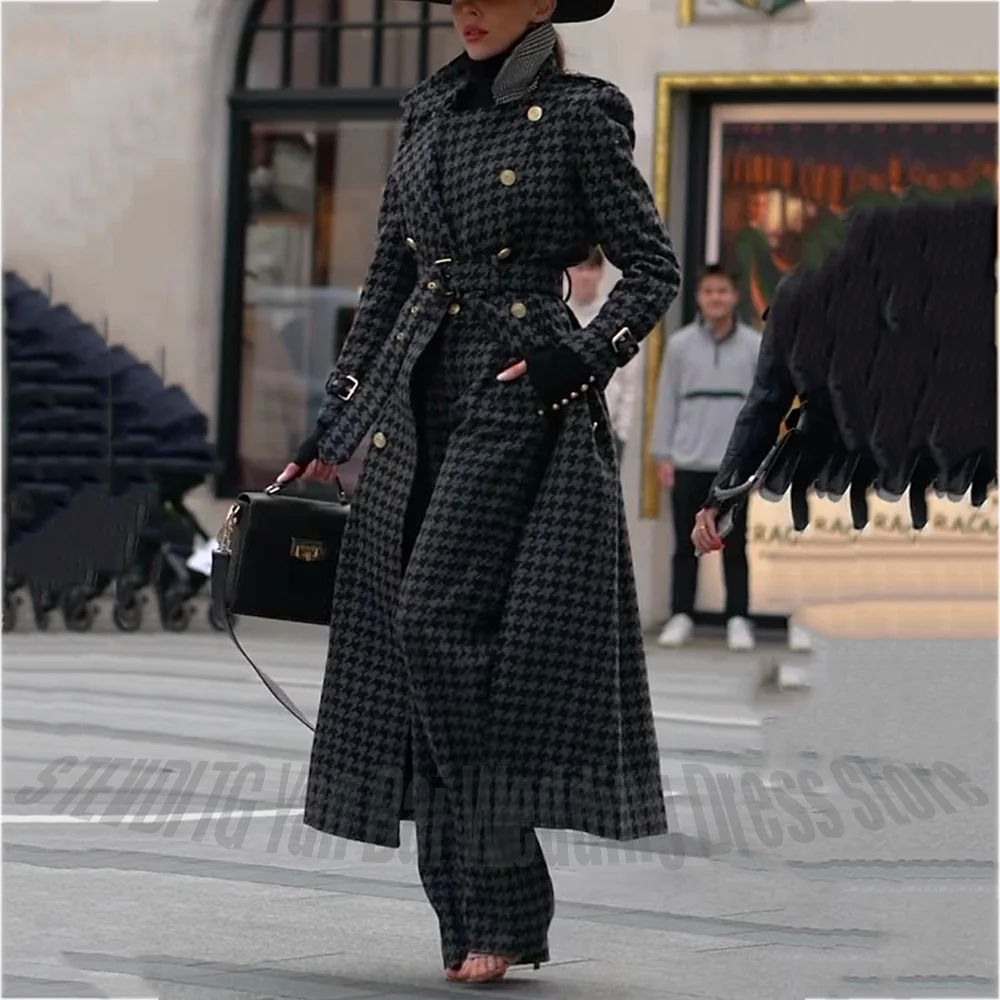 Fashion Houndstooth Women Pants Suit Notched Lapel Classic Long Coat Doubel Breasted High Quality Modern Outfit Two Pieces