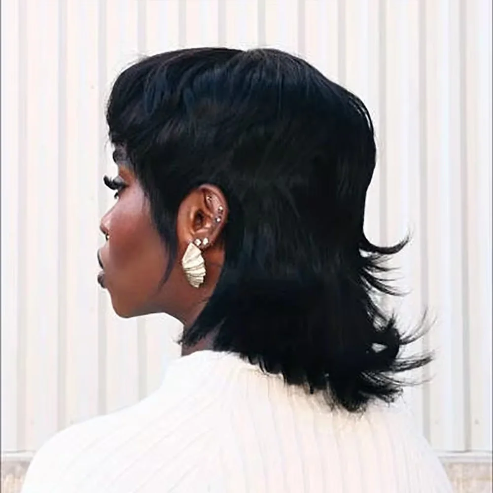 باروكات شعر بشري مفرود قصير، شعر برازيلي بقص عابث، مصنوع آليًا للنساء ذوات البشرة السمراء، شعر مستعار مصنوع آليًا بالكامل