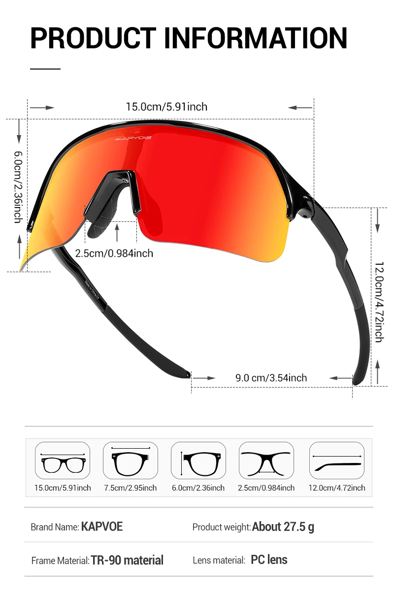 Kapvoe Sonnenbrille für Herren, Fahrradbrille, Fahren, Fahrradbrille, Radfahren, Damen, Straße, Mountainbike, Outdoor, Sportbrille, UV400 – Detail 14