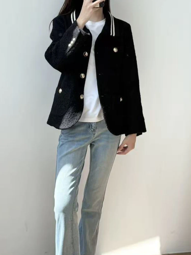 

Осень-зима, модная полосатая твидовая куртка с воротником-поло, женское однобортное пальто в консервативном стиле с длинными рукавами, 2025 г.