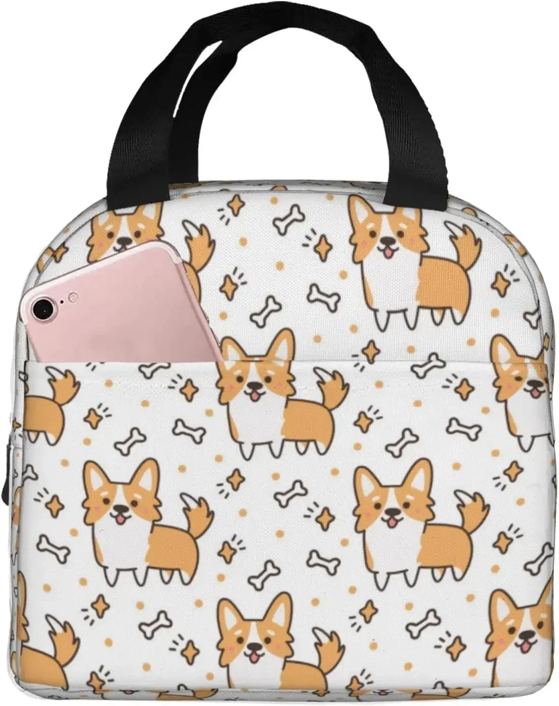 Corgi Lunch Bag Cute Corgi Print Insulated Lunch Box Container with Frond Pocket for Work Picnic Travel