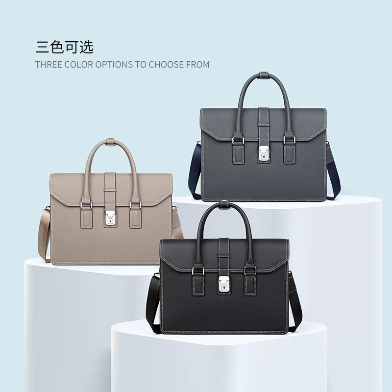New Leather Men's Bag, Fashionable Business Document Cover, Layered Cowhide Computer Bag, Large Capacity Men's Handbag