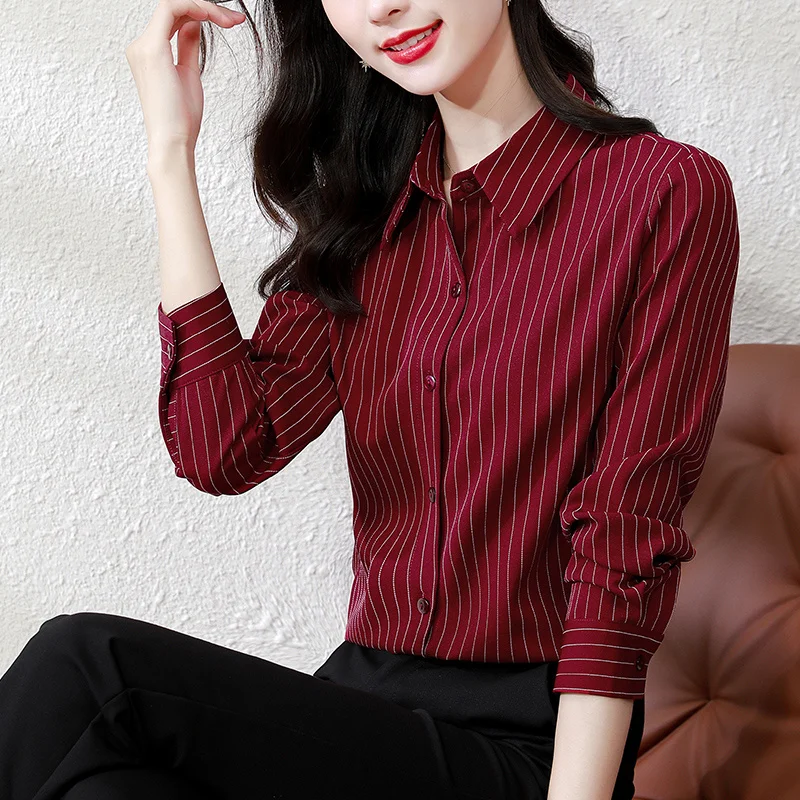 #2519 Vertrical Striped Shirts Women Long Sleeves Office Shirt Female Slim Elegant High Quality Fashion Womens Tops And Blouses