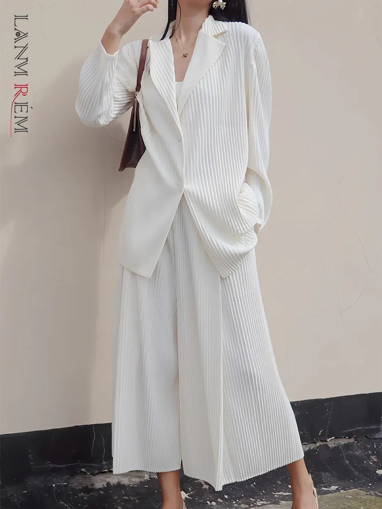 

LANMREM Fashion Office Lady Pants Sets Notched Single Breasted Tops + Wide Leg Trousers Elegant Women New 2024 Autumn CPDB226