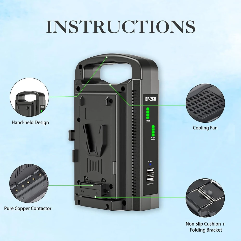 1Pcs BP-2CH Charger V Mount Battery Two Channel Charger Dual Port Quick Battery Charger for Sony V Mount Battery Charger