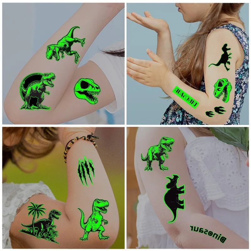 

Glow The Dark Dinosaur Tattoo Stickers 10 Sheets Black White Temporary Body Art Party Night Festival Events Supplies Costume