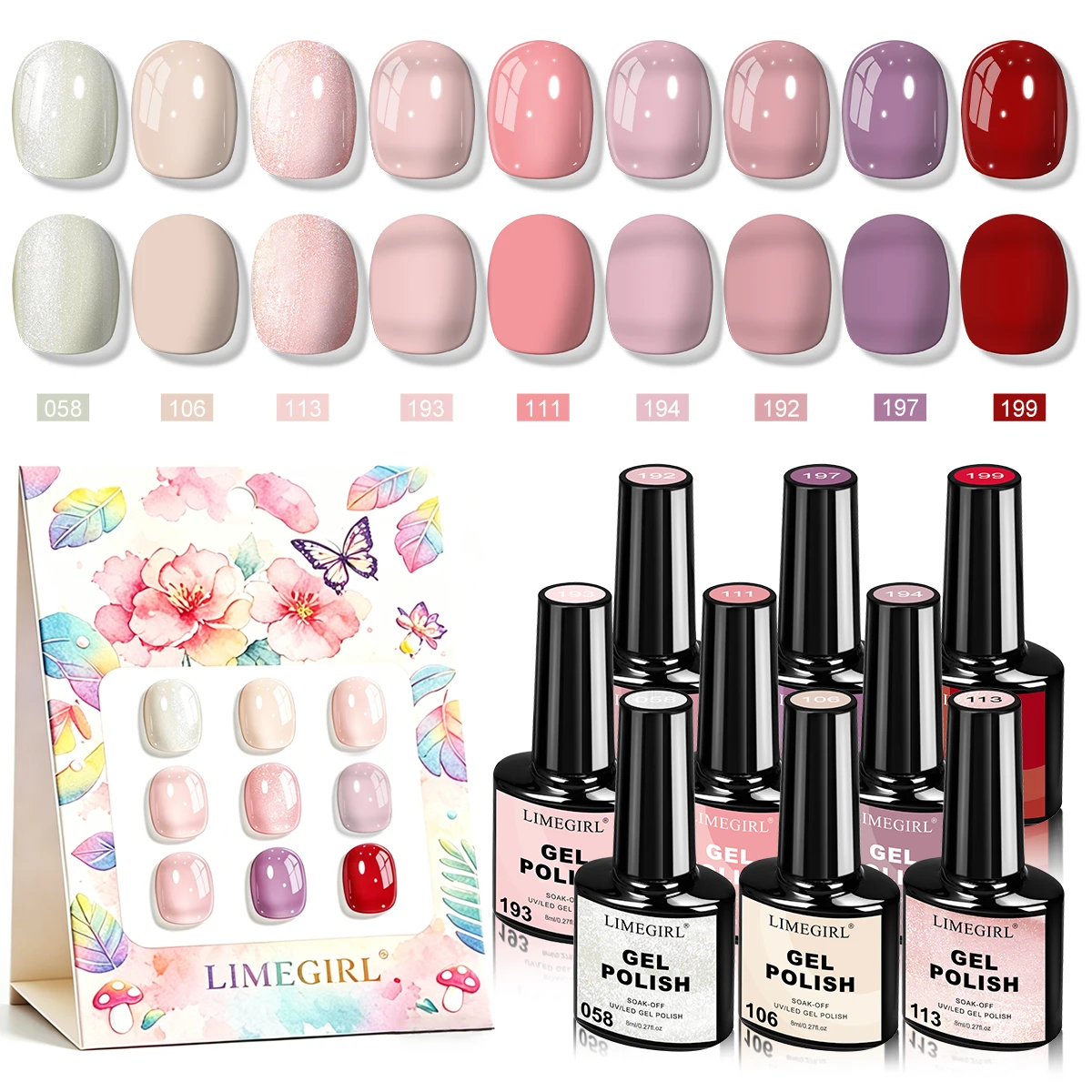 LIMEGIRL 9-teiliges Nagelgel-Set für DIY-Nageldesign, alles zur Dekoration, UV-Gel zum Einweichen, langanhaltender Nagellack, Lack-Set